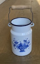 Vintage Emalia Enamelware Milk Jug Pail White Blue Floral Made in Poland 7” NICE