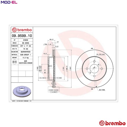 Brake disc 9599 10 for - 09.9599.10,