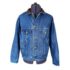 Marlboro Country Store Denim Jacket Blue Leather Collar Relaxed Fit Men's Large