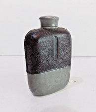 Small Antique Glass / Leather / Pewter Hip Flask with detachable cup made in Eng