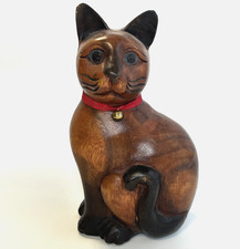 Large Vintage Carved Wooden Cat Ornament Heavy Brown Sitting  -27.5cm/ 11" Tall