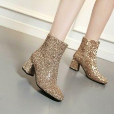 Womens Glitter Round Toe Zip Ankle Boots Sequin Block Mid Heels Wedding Shoes
