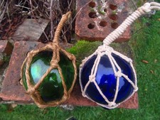 Two SMALL   Glass Rope Fishing Float's with Rope Hanging  Nautical