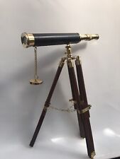 14 inch Nautical Marine Spyglass Brass Leather Telescope On Wooden Tripod Stand