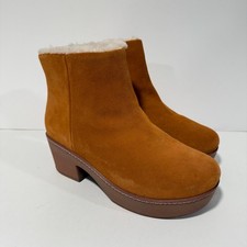 Fitflop Women's Pilar Suede Ankle Boot Platform Chunky Sherpa Lined Light Tan 10