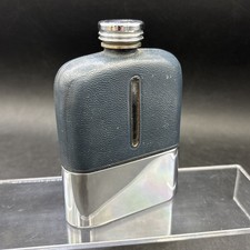 Hip Flask 4" Glass Bottle Under Black Leather Vintage Stainless Steel Bottom Cup