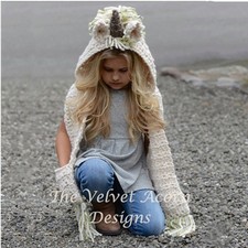 Handmade Unicorn Hood Scarf Hat with Ears Pockets Adult Child Costume Halloween