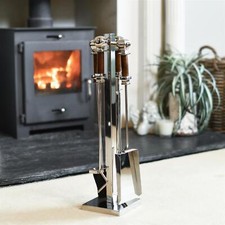 Contemporary Stainless Steel and Wooden Four Piece Fireside Companion Set - 62cm