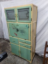 Vintage 1950s Hoosier-Style Kitchen Cabinet Cupboard – Green & Cream Wood F304