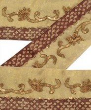 Sanskriti Vintage Saree Border Hand Beaded Craft Trim Decor Lace 1Yd Cream Brown