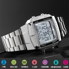 Classic Mens Digital Watches Stainless Steel Waterproof 5 Alarm Date Sport Watch
