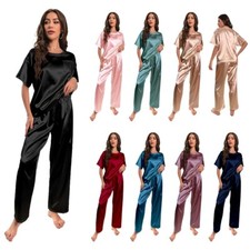 UK Womens Ladies Satin Silk Pajamas Set Dressing Gown Pjs Loungewear Pyjamas NEW