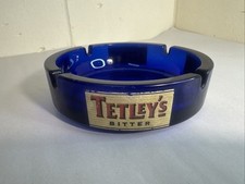 Vintage Tetley's Bitter Blue Glass Ashtray 6” Man Cave Pub Home Bar Beer Tetley