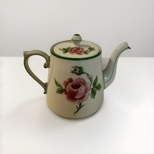 Limoges France T&V Porcelain Teapot - Pink Rose Design Small Green Rim