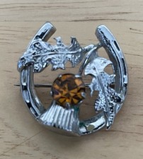 Mizpah Celtic Horseshoe Brooch Pin Scottish Thistle Orange Gem Silver Tone