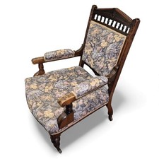 Antique Oak Nursing Chair – Carved Victorian Armchair with Upholstery & Castors