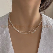 2 Rows Genuine Natural White Freshwater Cultured Baroque Pearl Necklace 17-18''