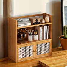 Small Cabinet Bamboo Wood Storage Cupboard with Rattan Doors Shelf Freestanding