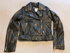 Zara Black Genuine Leather Biker Jacket Small Coat BNWT New