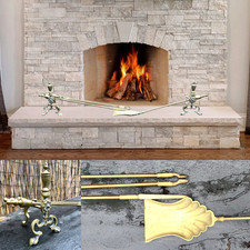 Vintage Brass Fire Irons Poker Tongs Shovel Fireplace Tools + Dogs HEAVY Antique