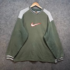 Vintage Nike Jumper Mens Large Green Grey 90s Spell Out Crewneck Retro Boxy