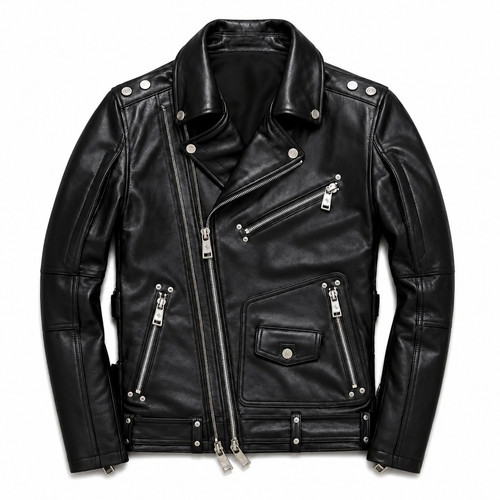 Mens black leather biker - black,