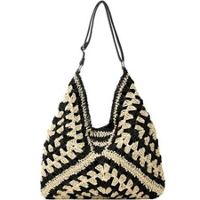 Women Boho Woven Handbag Summer Beach Tote Straw Bag Round Rattan Shoulder