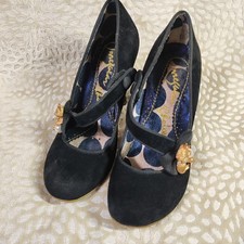 Irregular Choice Womens Black Suede Court Heels Size UK 5 Gold Cat With Pearl
