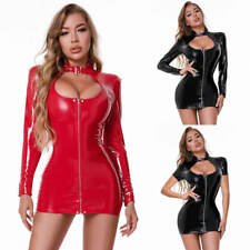 Womens Latex Leather Shiny Wet Look Zipper Bodycon Mini Dress Long/Short Sleeve