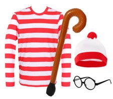 RED & WHITE STRIPED T-SHIRT ADULTS COSTUME BOOK DAY HAT GLASSES WALKING STICK 