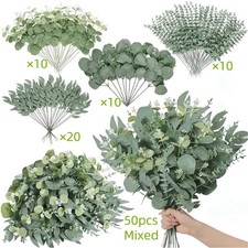50 Pack Artificial Eucalyptus Fake Leaf Green Plant Silk Flowers Stem Home Decor
