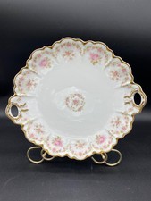 Antique Haviland Limoge Round Handled Cake Plate Pink Rosed Gold Scalloped Edges
