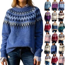 Womens Fall Vintage Fair Isle Sweater Casual Loose  Crewneck Knitted Pullover 