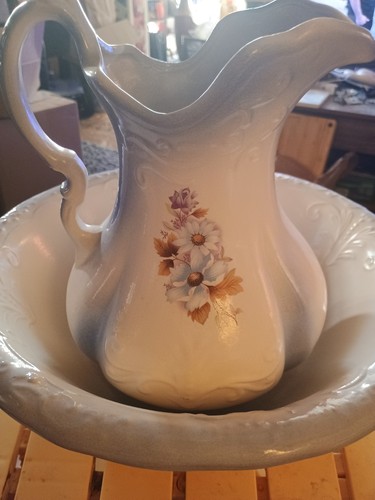 White ceramic floral pitcher - ceramic,