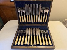 Antique 1901 James Dixon silver/bone Vintage Fish Knifes and Forks Set Boxed 12