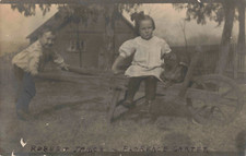 RPPC Boy and Girl Play on Antique Wheelbarrow Wooden Wheel and Spokes Farm 566