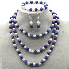 Natural 8mm Blue Lapis Lazuli White Pearl Necklace Bracelet Earring Set 16-100''