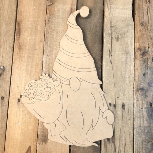 Gnome holding flowers wood - gnome,