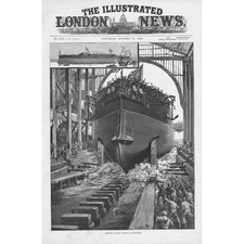 Launch of HMS Rodney at Chatham - Antique Print 1884
