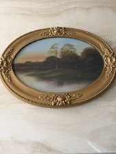 Vintage Oval Framed Oil Painting Rural Landscape Sunset Scene 1930s