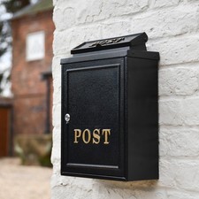 'Norfolk' Black Wall Mounted Post Box with Gold Text - Lockable Letter Box