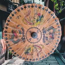 Vintage Oiled Paper And Wooden Parasol Bird And Dragon Design 21 Cm Diameter
