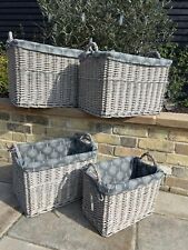 Rectangular Grey-wash Wicker Log Fireside Storage Basket with Mulberry Liner