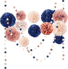 15 Piece Rose Gold and Navy Party Decorations Set Tissue Pom Poms Paper Garland