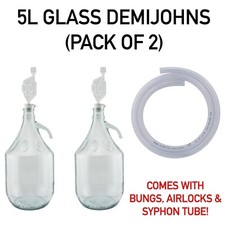 2 x 5L Demijohns Glass with Bungs, Airlocks & Syphon Tube, Winemaking, Homebrew