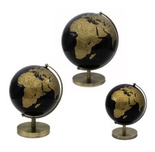 CONTEMPORARY BLACK AND GOLD ROTATING GLOBE ON METAL BASE ATLAS TABLE ORNAMENT 