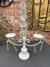 Decorative Cast Iron Candelabra With Crystals Grey White Shabby Chic Vgc