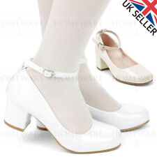 GIRLS COMMUNION SHOES WEDDING PATENT WHITE IVORY MARY JANE MID HEEL ANKLE STRAP
