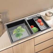 Kitchen Sink Double Bowl Stainless Steel Inset Basket w/ Drainer+Soap Dispenser