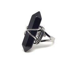 Ring Black Onyx Hexagon Wire Wrapped Gemstone Adjustable Boho Silver Plated